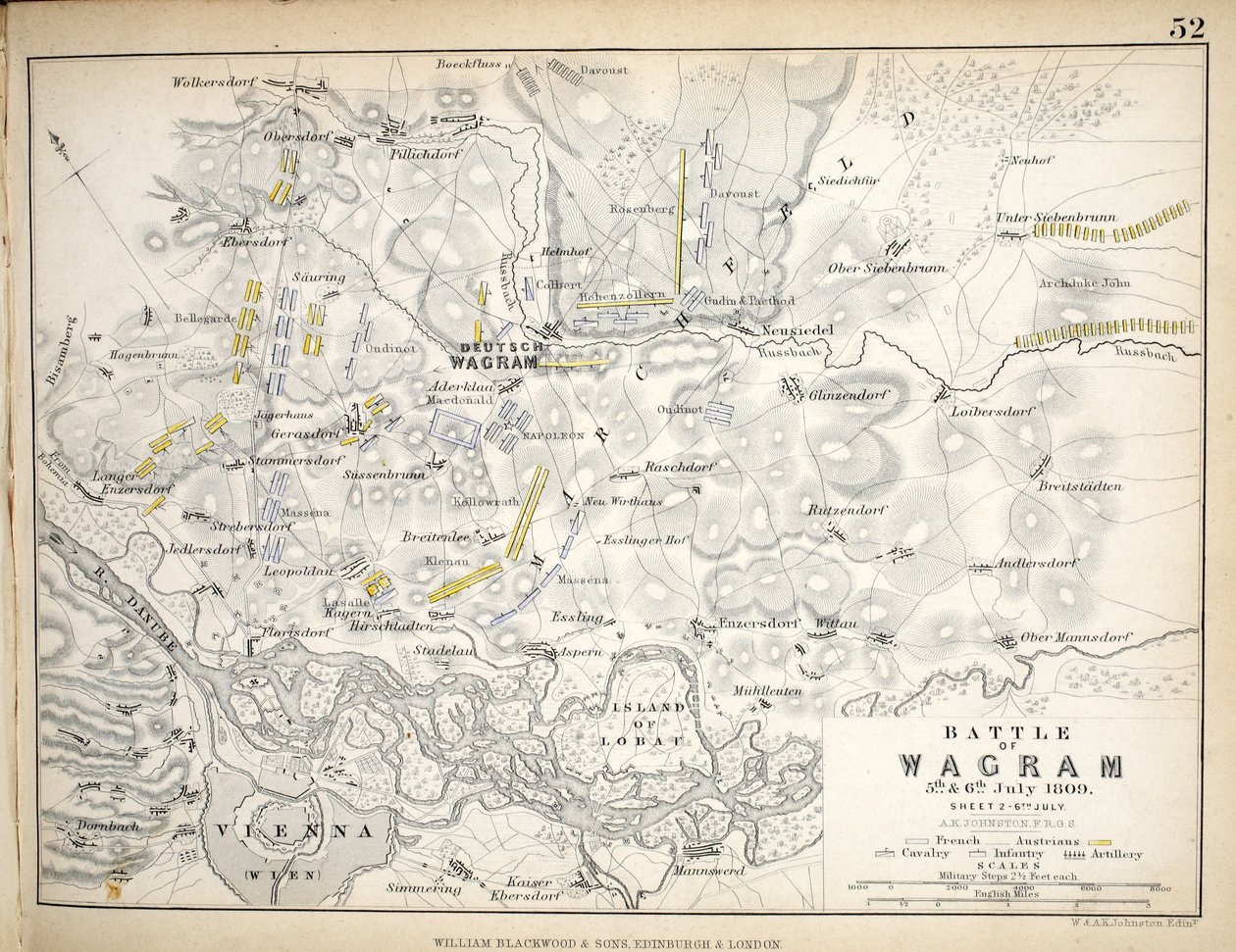 William Blackwood and Sons tarafından yayınlanan Wagram Savaşı Haritası, Edinburgh und London, 1848 (el renkli gravür) by Alexander Keith Johnston