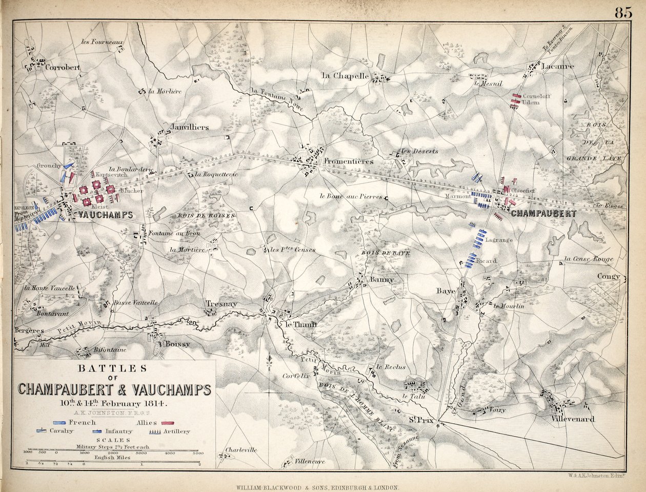 William Blackwood and Sons tarafından yayınlanan Champaubert ve Vauchamps Savaşları Haritası, Edinburgh und London, 1848 (el renkli gravür) by Alexander Keith Johnston