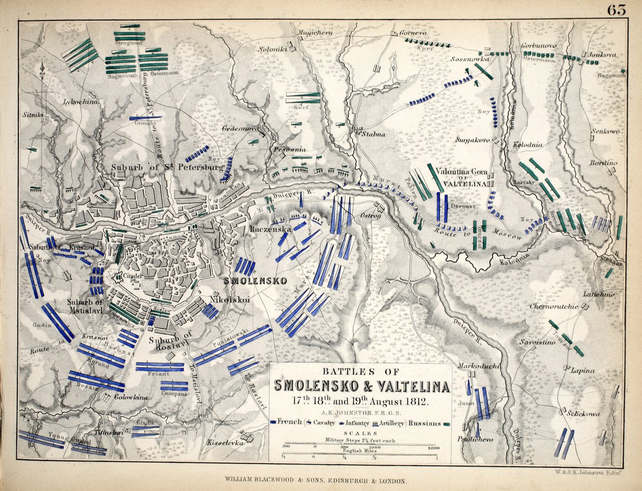William Blackwood and Sons tarafından yayınlanan Smolensko ve Valtelina Savaşları Haritası, Edinburgh und London, 1848 (el renkli gravür) by Alexander Keith Johnston