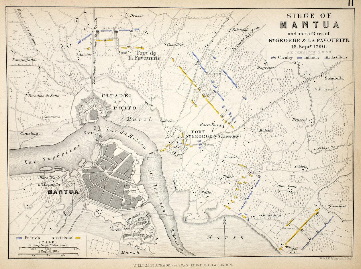 William Blackwood and Sons tarafından yayınlanan Mantua Kuşatması Haritası, Edinburgh und London, 1848 (el renkli gravür) by Alexander Keith Johnston