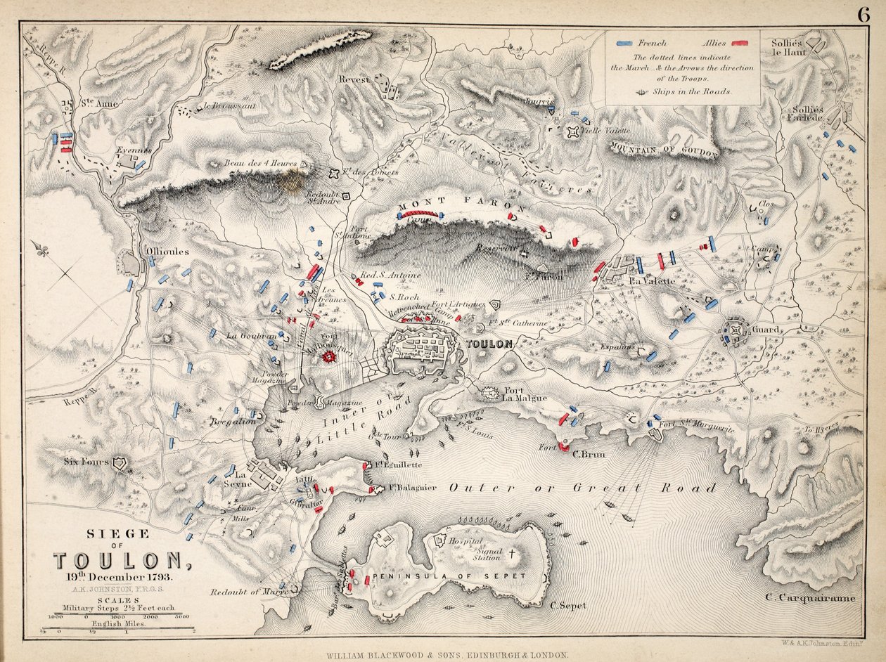 William Blackwood and Sons tarafından yayınlanan Toulon Kuşatması Haritası, Edinburgh und London, 1848 (el renkli gravür) by Alexander Keith Johnston