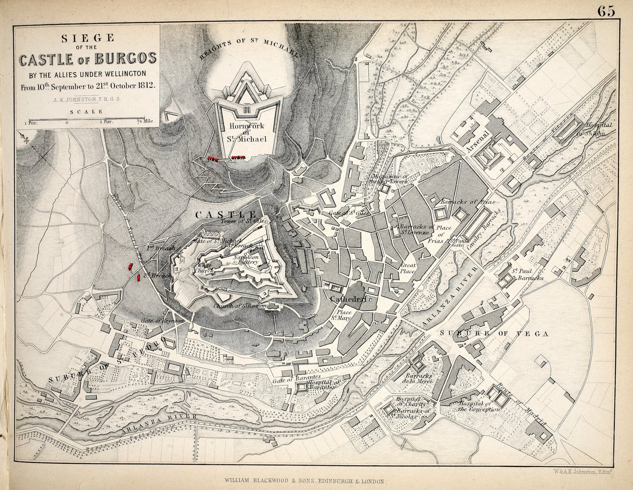William Blackwood and Sons tarafından yayınlanan Burgos Kalesi Kuşatması Haritası, Edinburgh ve Londra, 1848 (el renkli gravür) by Alexander Keith Johnston