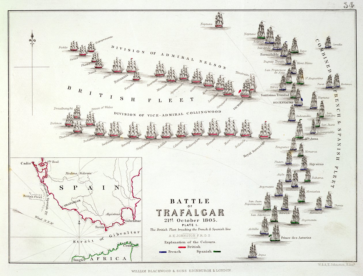 The Battle of Trafalgar, 21st October 1805, The British Breaking the French and Spanish Line, c.1830s  by Alexander Keith Johnston
