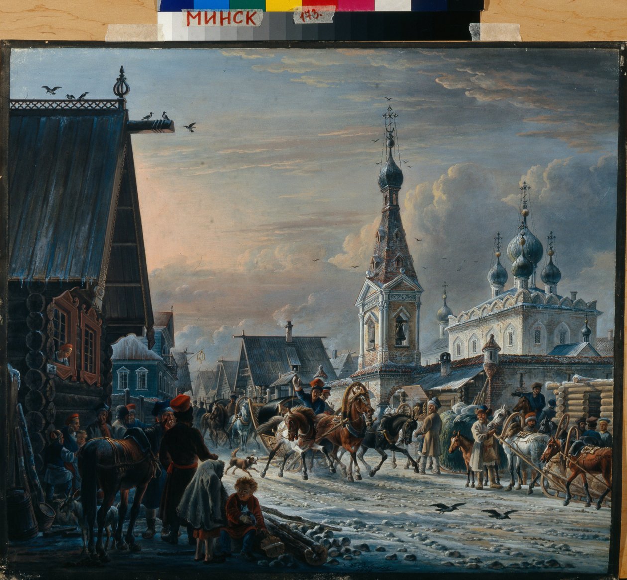Rus posta kızakları (troyka) kışın bir sokakta dolaşıyorlar ve yolda sakinleri selamlıyorlar (Posta Arabalı Sokak) - Alexander Osipovich Orlowski (1777-1832) tarafından resim by Alexander Orlowski