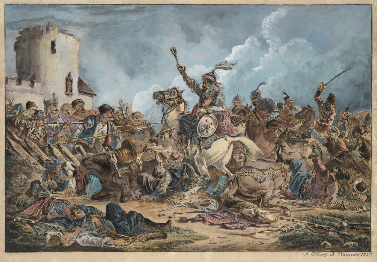 Bataille entre les Georgiens et les tribus de montagne - Gürcüler ve Dağ Kabileleri Arasındaki Savaş - Orlowski (Orlovsky), Alexander Osipovich (1777-1832) - 1826 - Litografi, suluboya - 54x77 - Özel Koleksiyon by Alexander Orlowski