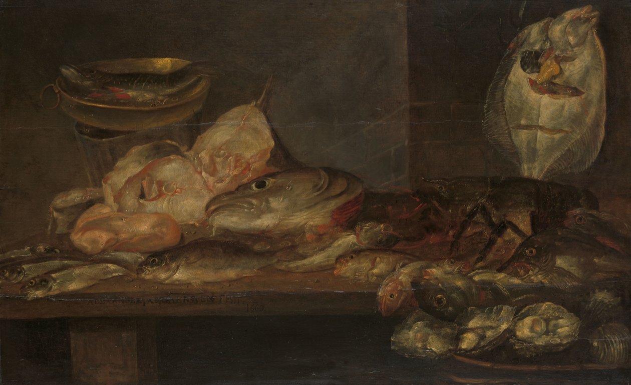 Yakındaki Bir Masada Balık ve Istakoz ve İstiridye ile Natürmort by Alexander Adriaenssen
