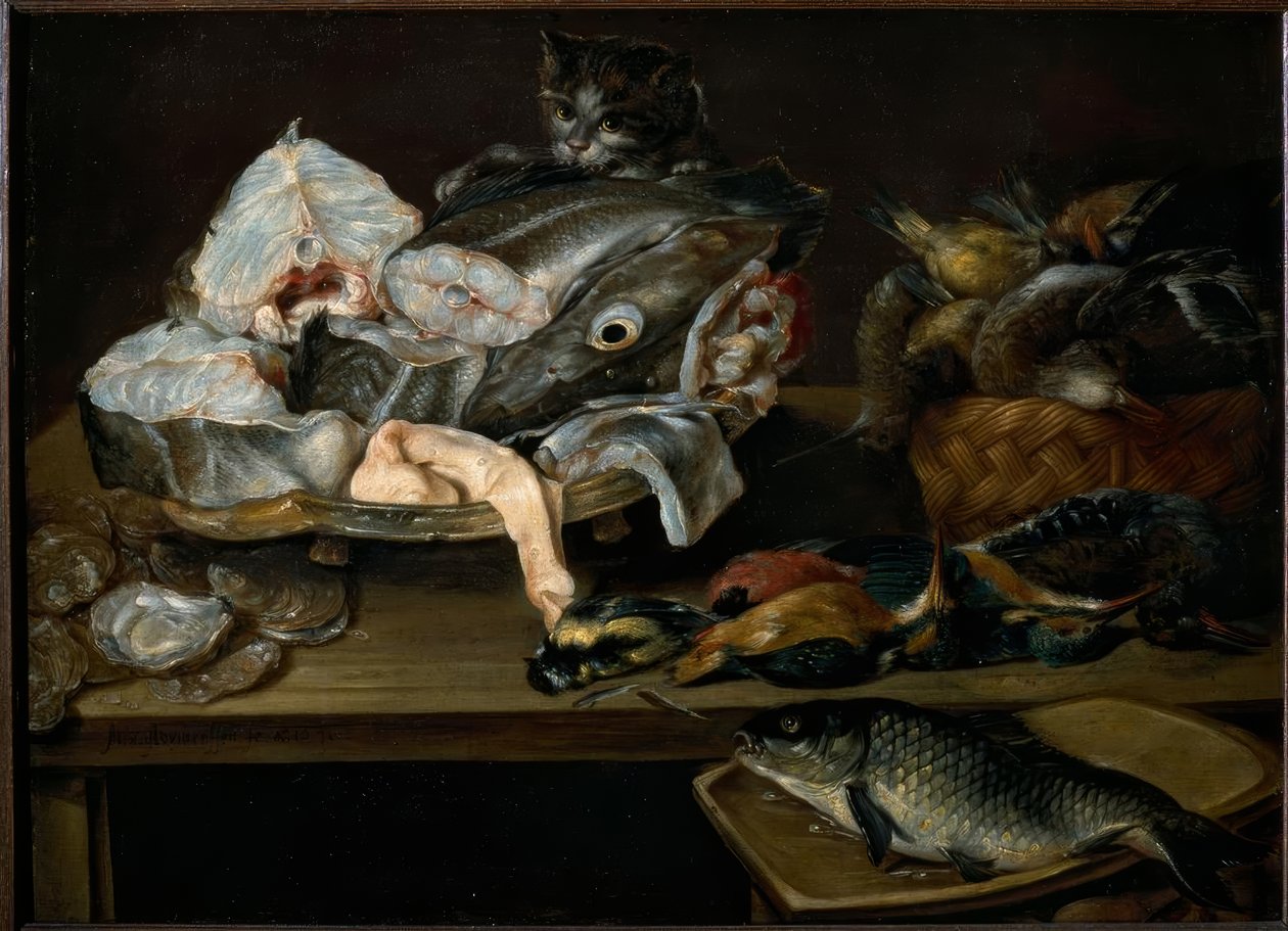Balık, deniz ürünleri, kümes hayvanları ve kedi ile natürmort by Alexander van Adriaenssen