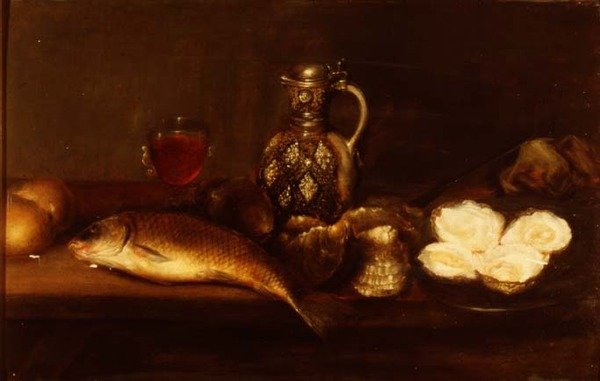 Bir seramik sürahi, balık ve istiridye ile bir kahvaltı natürmort by Alexander Andriessen