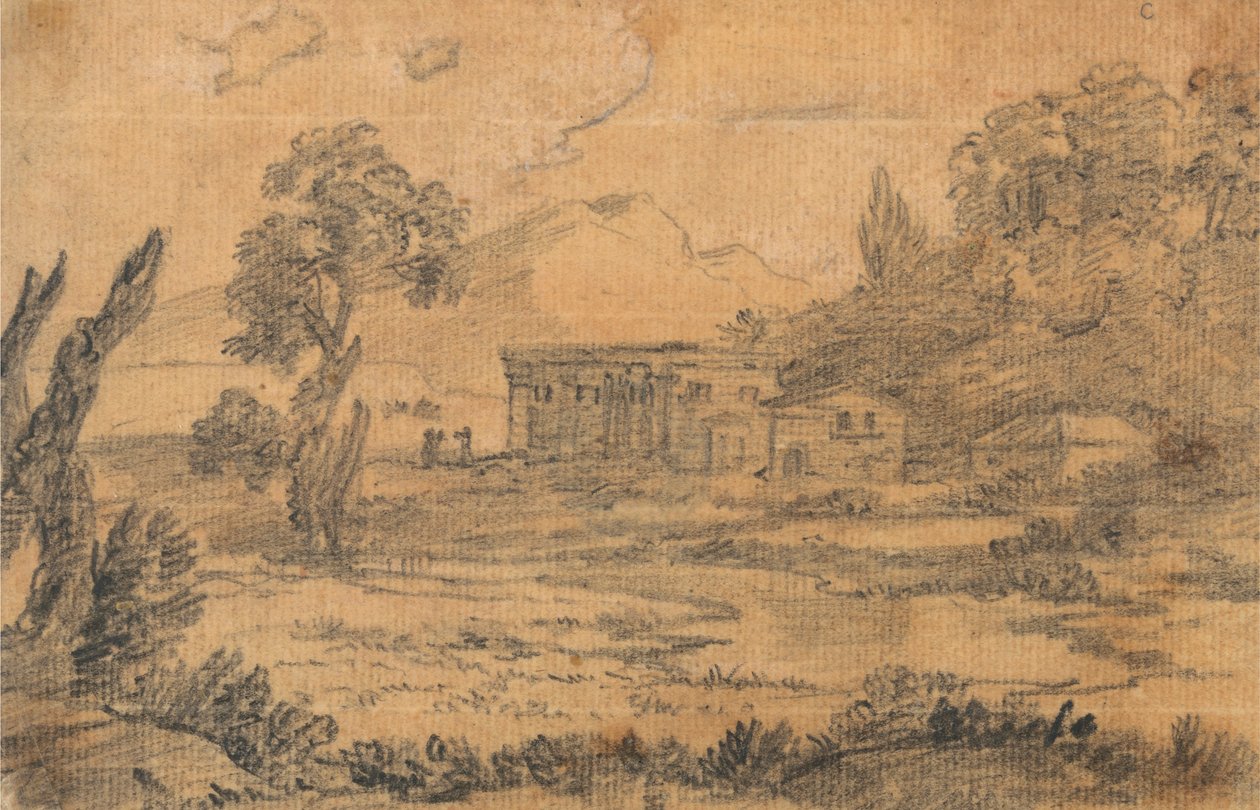 Arka Planda Tepeler Olan Nehir Kenarındaki Binalar by Alexander Cozens