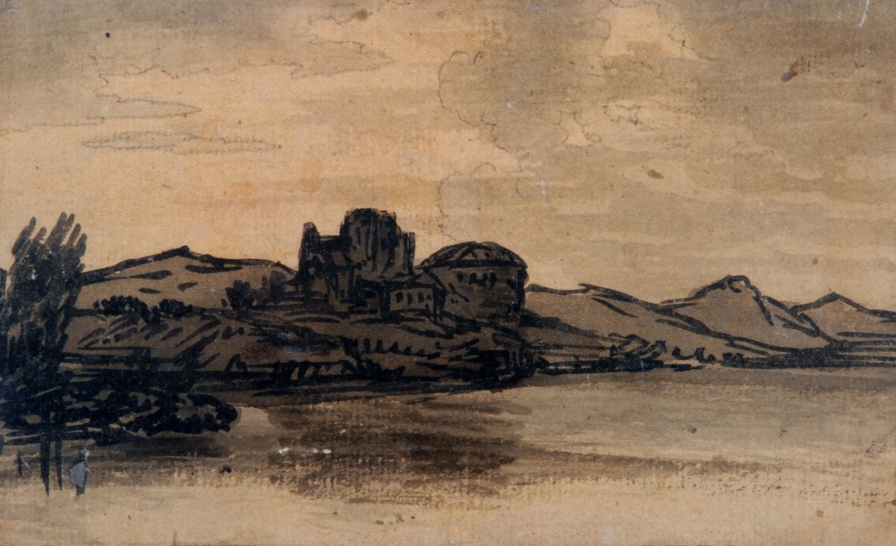 Kubbeli Bina ile İtalyan Manzarası (kalem ve kağıt üzerinde yıkama) by Alexander Cozens
