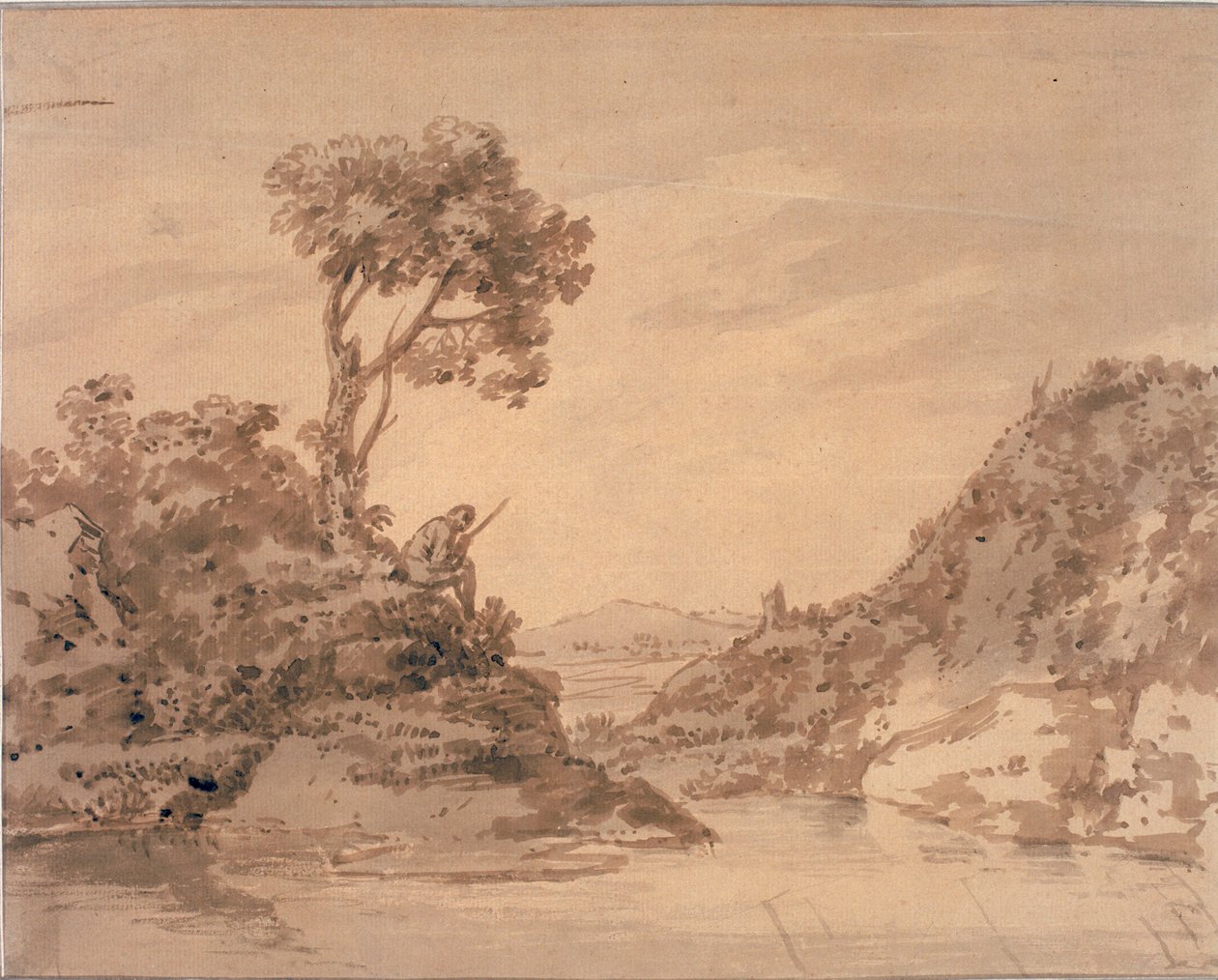 Bir Havuzun Kıyısında Figürlü Manzara (Suluboya, sepya ve yıkama) by Alexander Cozens