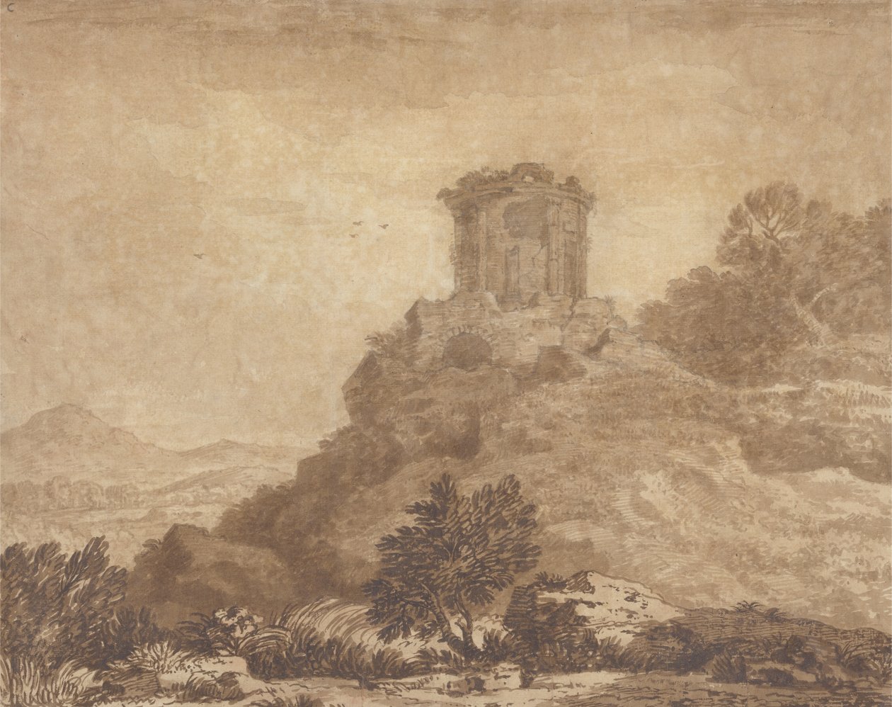 Yıkık bir tapınağın olduğu manzara, c.1756 (grafit ve kağıt üzerinde yıkama) by Alexander Cozens