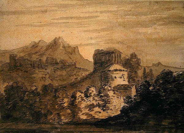 İtalyan Binaları ile Dağlık Manzara (kalem, tükenmez kalem ve mürekkep ve kağıt üzerinde mürekkep yıkama) by Alexander Cozens