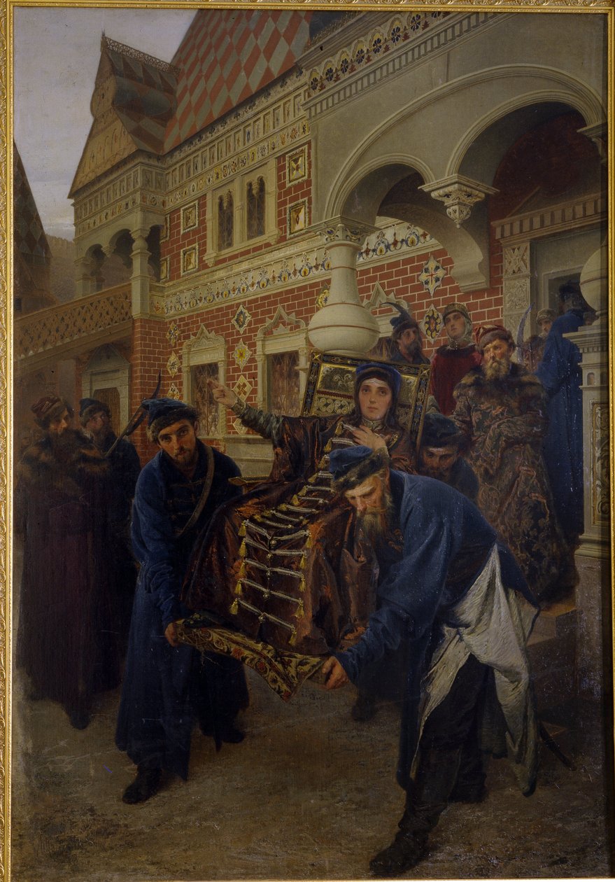 Boyarin Morozova. (Boyarynya Morozova). Eski Müminler ayininin ateşli bir destekçisi olan Feodosia Prokofiyevna Morozova (1632-1675), Theodora adı altında manastır yemini etti. Tutuklanması sırasında pat taraftarları tarafından anlatılıyor by Alexander Dimitrievitch Litovtchenko