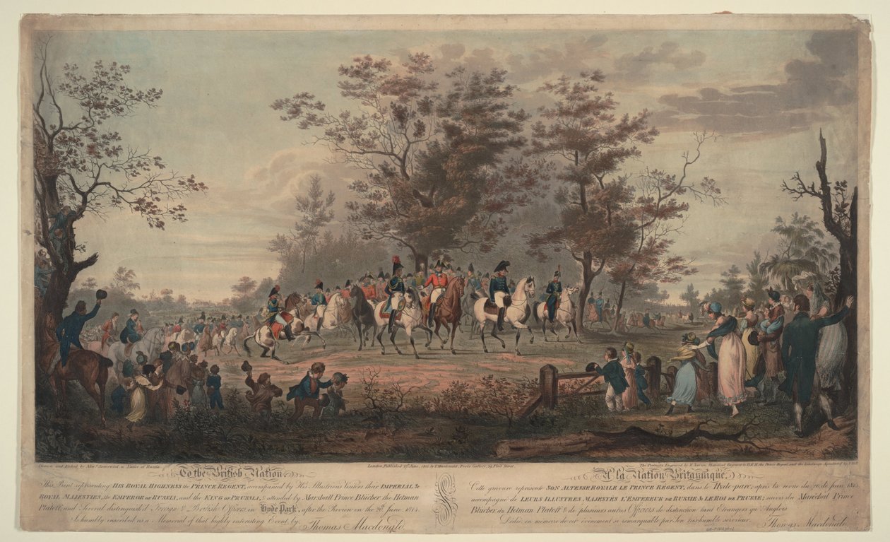 Prens Regent, Prusya William III, Alexander I, General Blücher ve Hetman Platov birlikleri gözden geçirdi by Alexander Ivanovich Sauerweid
