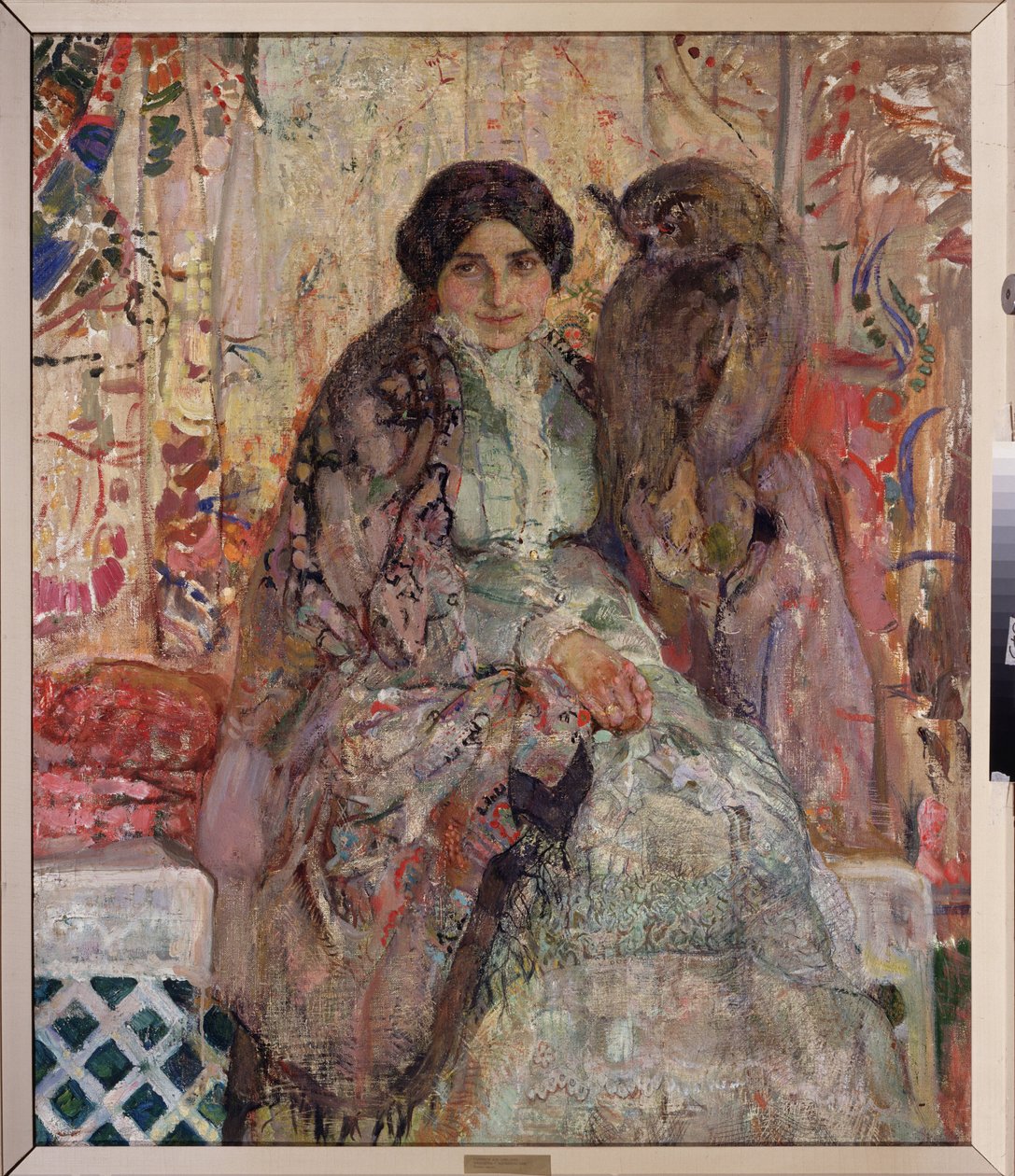 Kartal baykuşu olan kadın. Alexander Ivanovich Savinov'un tablosu (1881-1942), tuval üzerine yağlı boya by Alexander Ivanovich Savinov