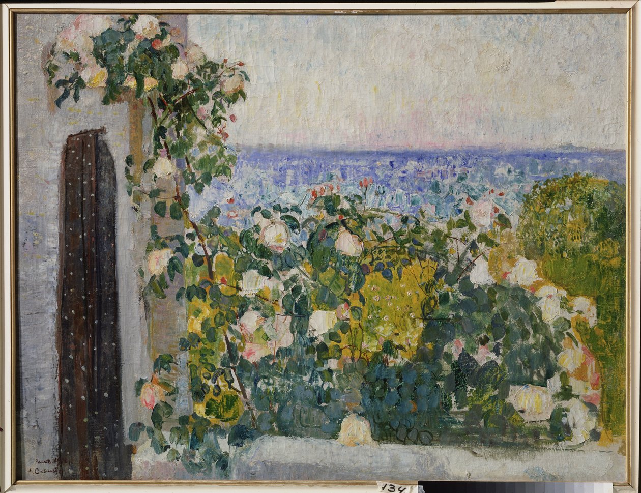 Roma'da (İtalya) balkonda çiçekler. Alexander Ivanovich Savinov'un (1881-1942) tablosu, tuval üzerine yağlı boya by Alexander Ivanovich Savinov