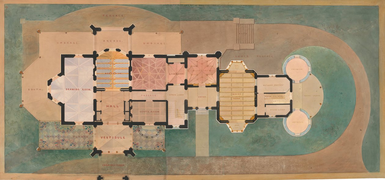 George Merritt için Lyndhurst, Tarrytown, New York birinci kat planı, 1865. by Alexander Jackson Davis
