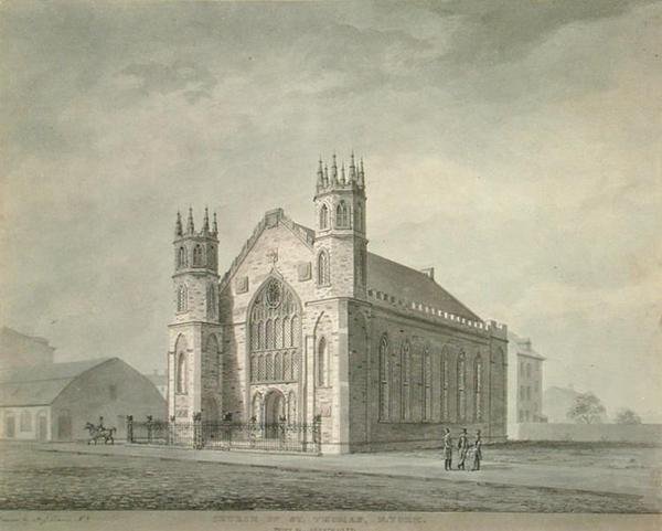 Aziz Thomas Kilisesi, Broadway, New York, 1829 dolayları (kağıt üzerine sulu boya) by Alexander Jackson Davis