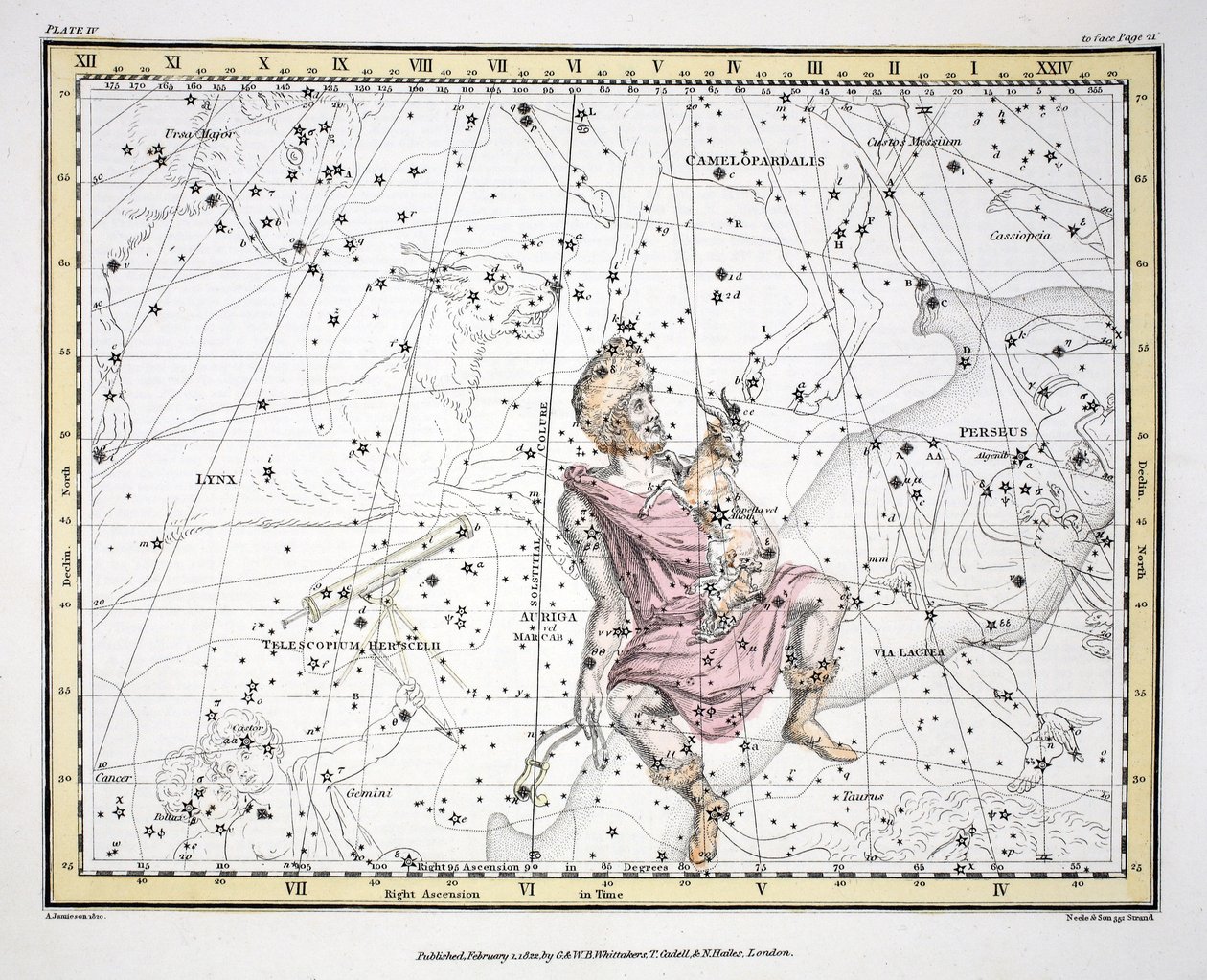 Takımyıldızlar (Levha IV) Auriga, Camelopaardalis, Telescopium Herschelli, Alexander Jamieson