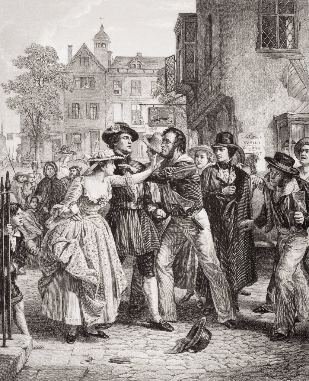 The Press Gang seizing a waterman on Tower Hill on the morning of his marriage day, from `Illustrations of English and Scottish History