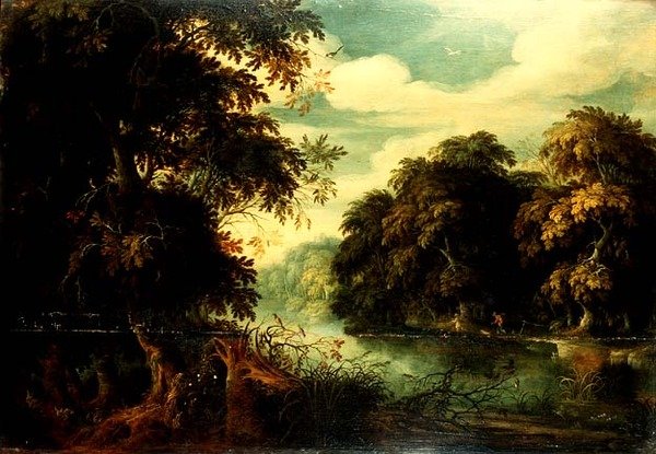 Bir nehrin yanında kuş avcılarının olduğu orman manzarası (panel) by Alexander Keirincx