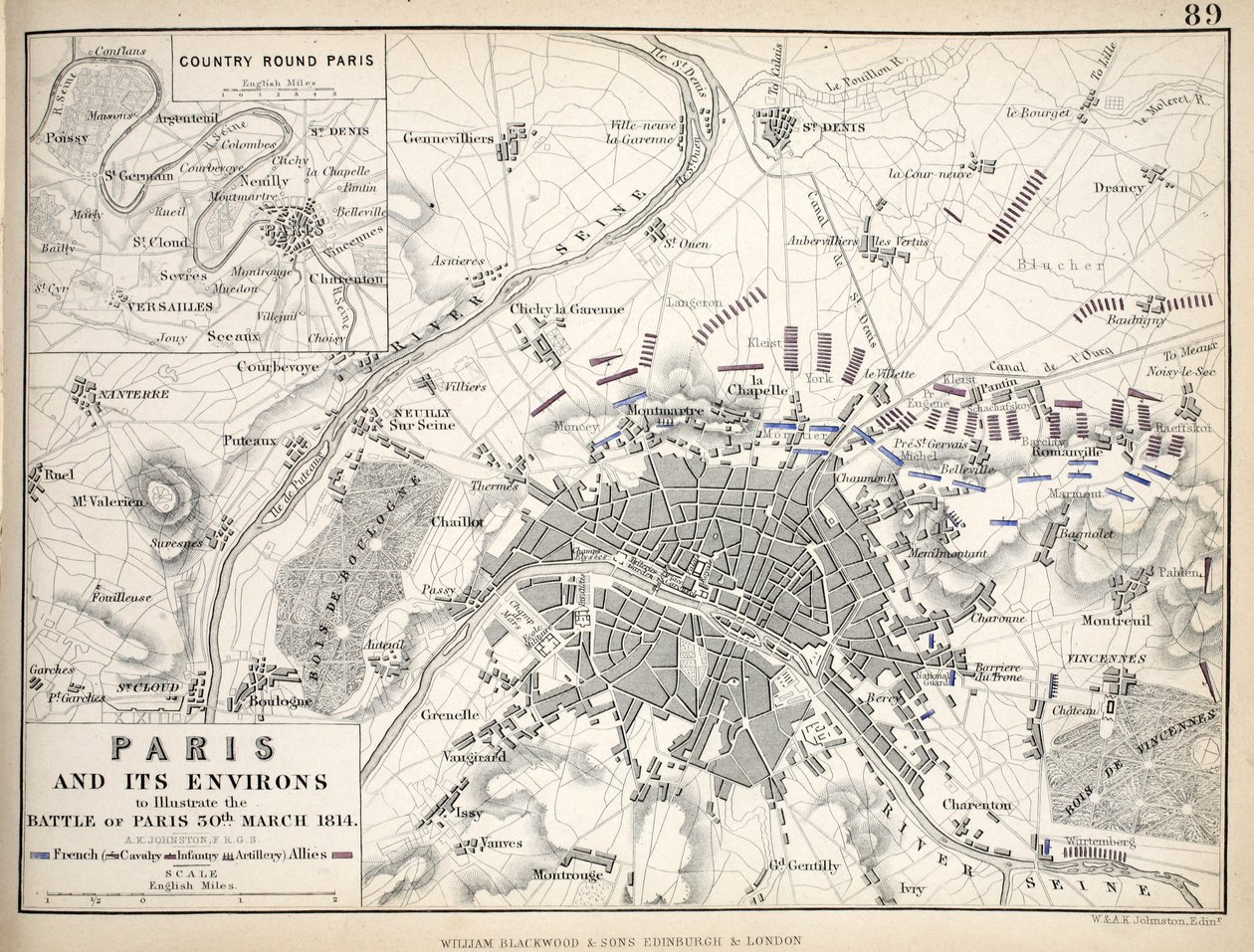 William Blackwood and Sons, Edinburgh & London tarafından yayınlanan Paris ve Çevresi Haritası by Alexander Keith Johnston