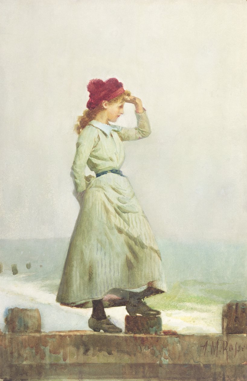 Deniz Duvarındaki Genç Kız (kağıt üzerine sulu boya) by Alexander M. Rossi