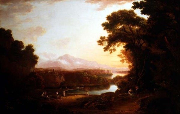 Dans eden köylülerle İtalyan tarzı manzara (tuval üzerine yağlı boya) by Alexander Nasmyth
