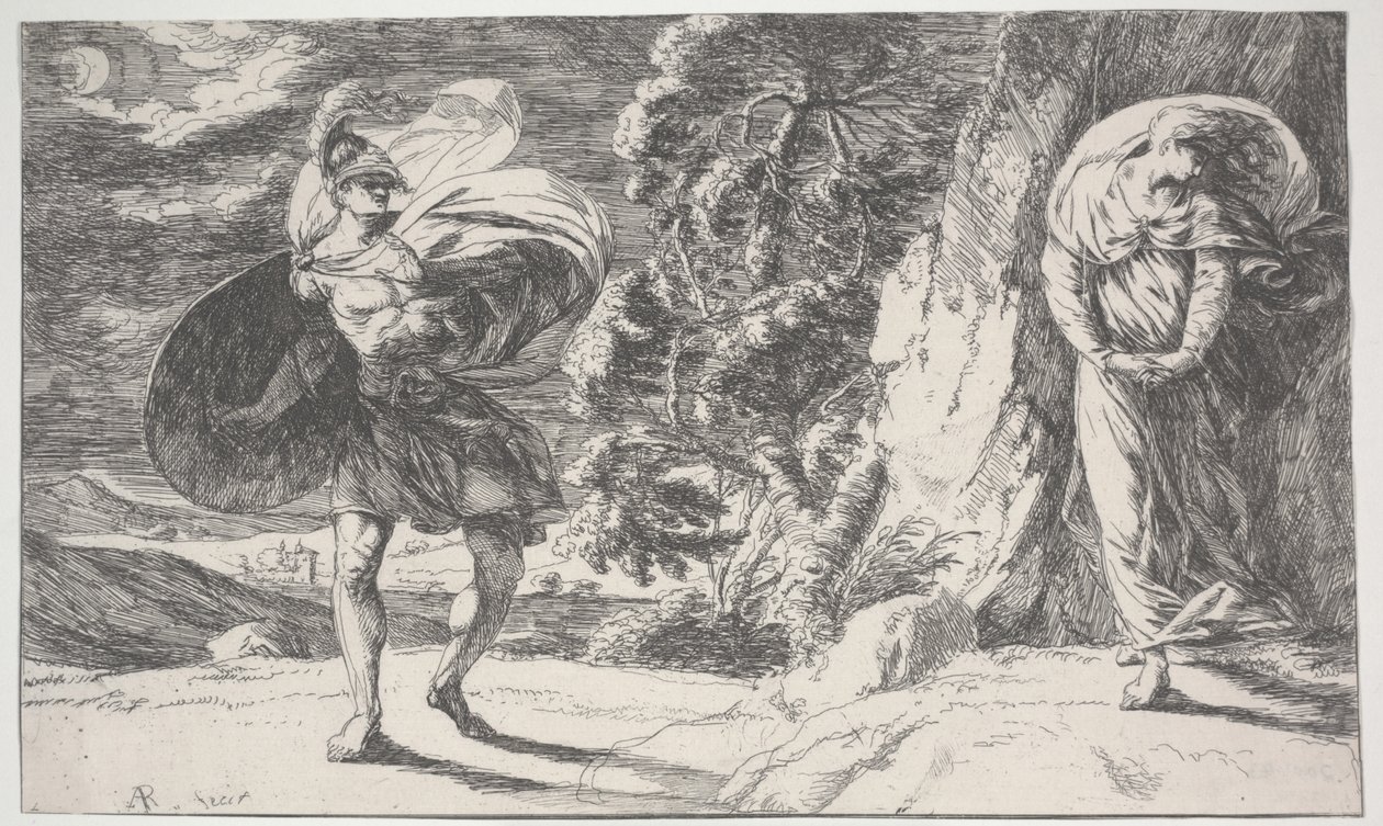 Fingal Encounters Carbon Carglass, ilk baskılı c.1773 (gravür) by Alexander Runciman