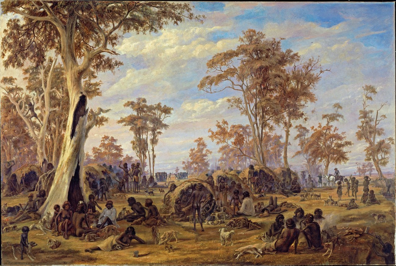 Adelaide, Torrens nehrinin kıyısında bir yerli kabilesi by Alexander Schramm