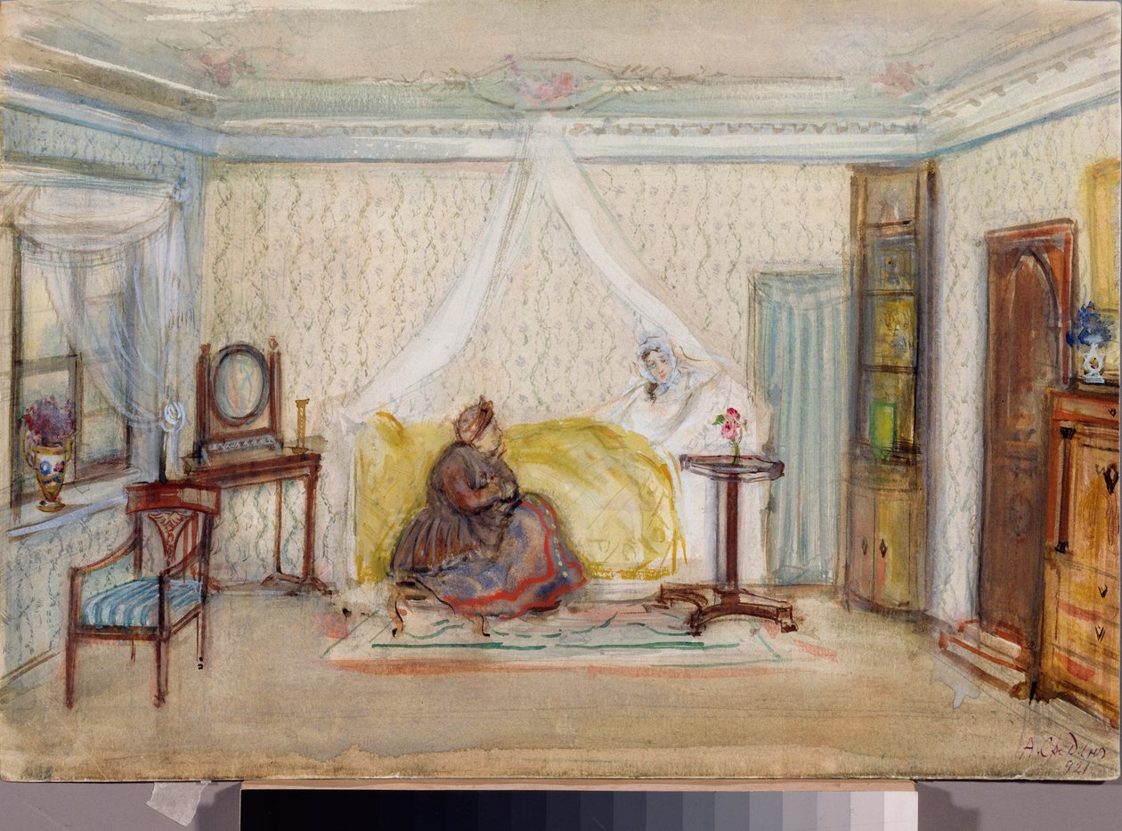 Opera için Hazırlık Dekoru "" Eugene Oneguine "", Piotr Tchaikovski (1840-1893) (P Çaykovski tarafından Eugene Onegin operası için sahne tasarımı) - Oeuvre de Alexander Valentinovich Sredin (Sredine) (1872-1934), suluboya ve beyaz üzerine kağıt by Alexander Sredin