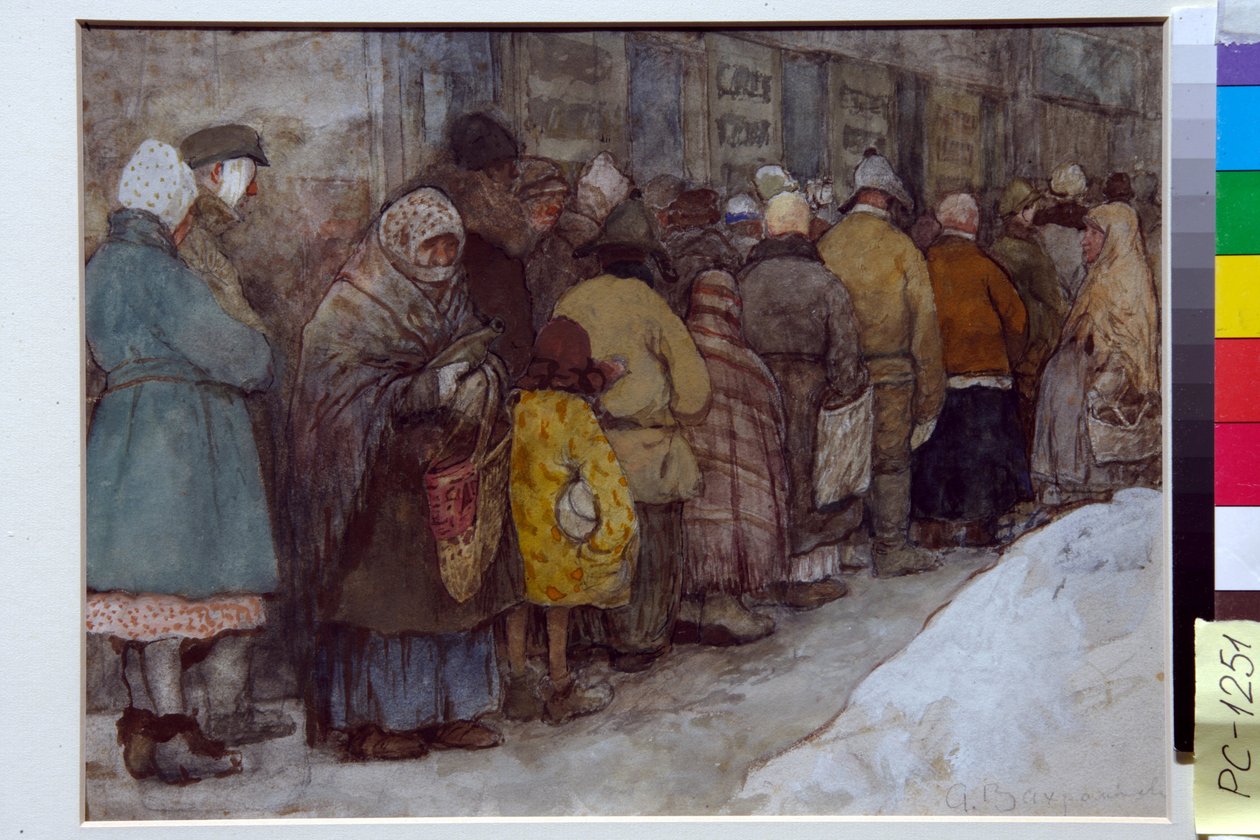 1920-1921 kıtlığı sırasında Rusya'da kuyruk - Alexander Ivanovich Vakhrameyev'in (1874-1926) yapıtları, yaklaşık 1921 - Sıra - Suluboya, beyaz renk, kağıt üzerinde siyah tebeşir Alexander Ivanovich Vakhrameyev (1874-1926), yaklaşık 1921 - 22x29,5 c by Alexander Vakhrameyev
