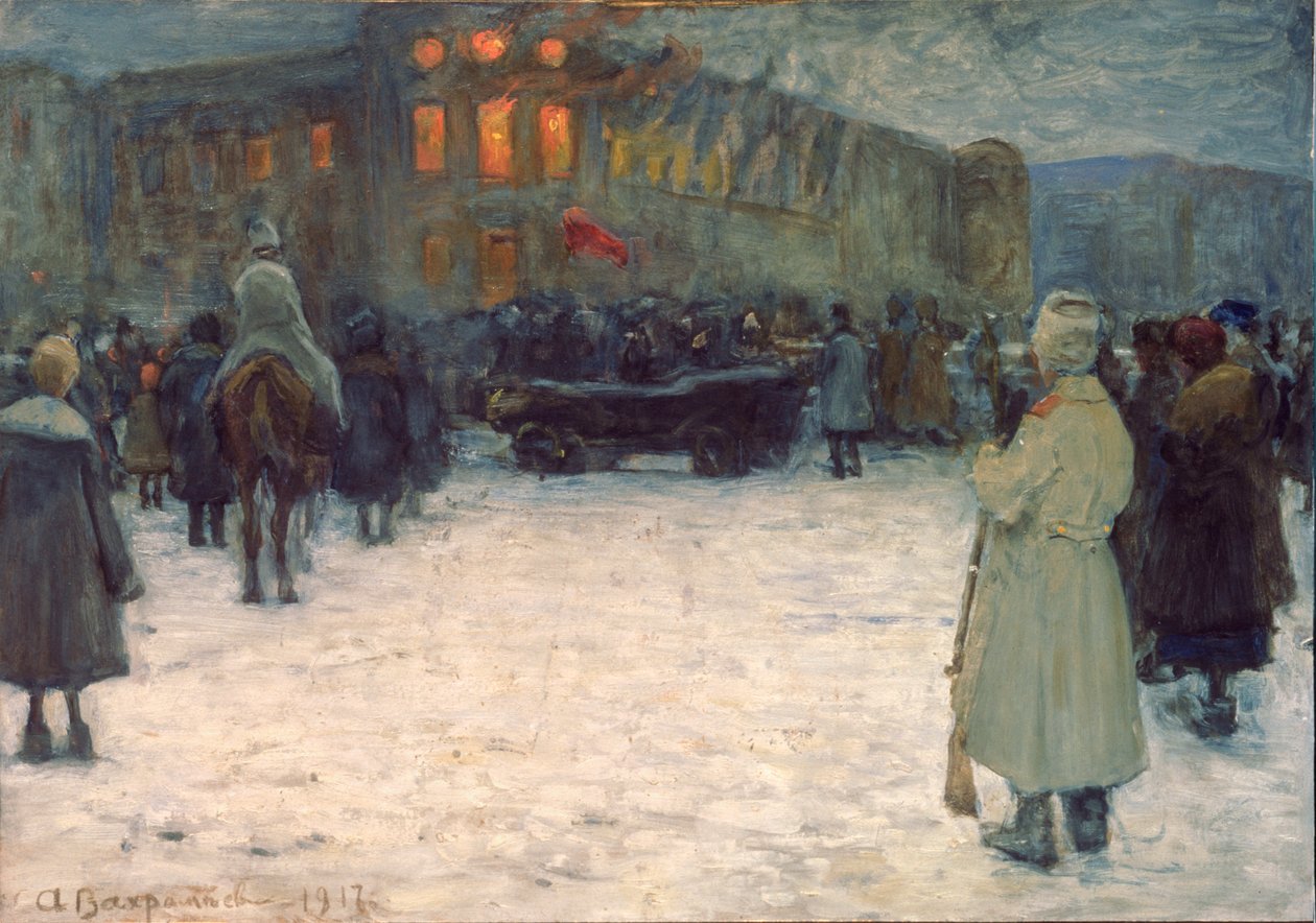 Litvanya Şatosunda Yangın, 1917 Şubat Devrimi, St Petersburg - Alexander Ivanovich Vakhrameyev (1874-1926), kağıt üzerine guaj boyası by Alexander Vakhrameyev