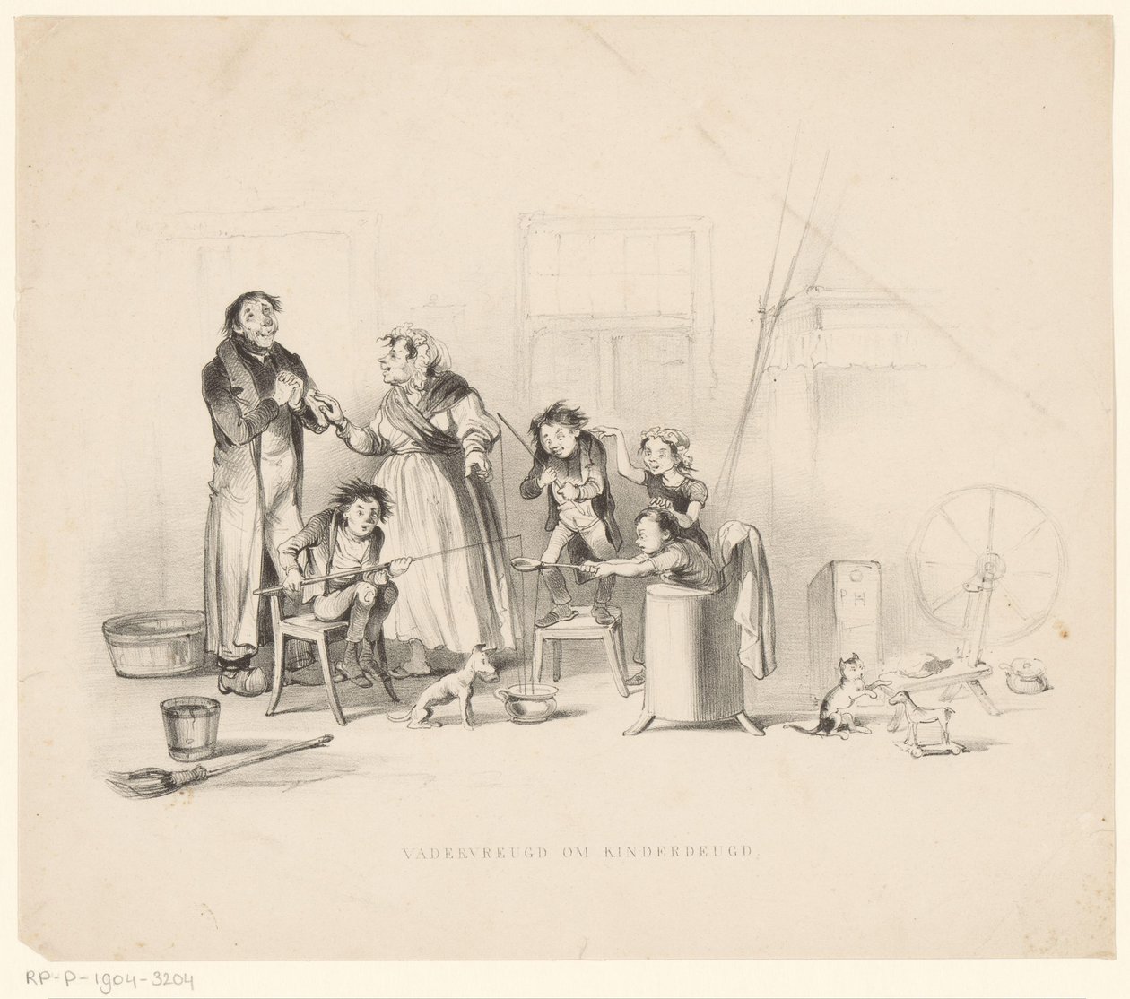 Baba ve anne mutlu bir şekilde oynayan çocuklara bakıyorlar. Çocukluk için Baba Sevinci (nesne üzerindeki başlık) by Alexander Ver Huell
