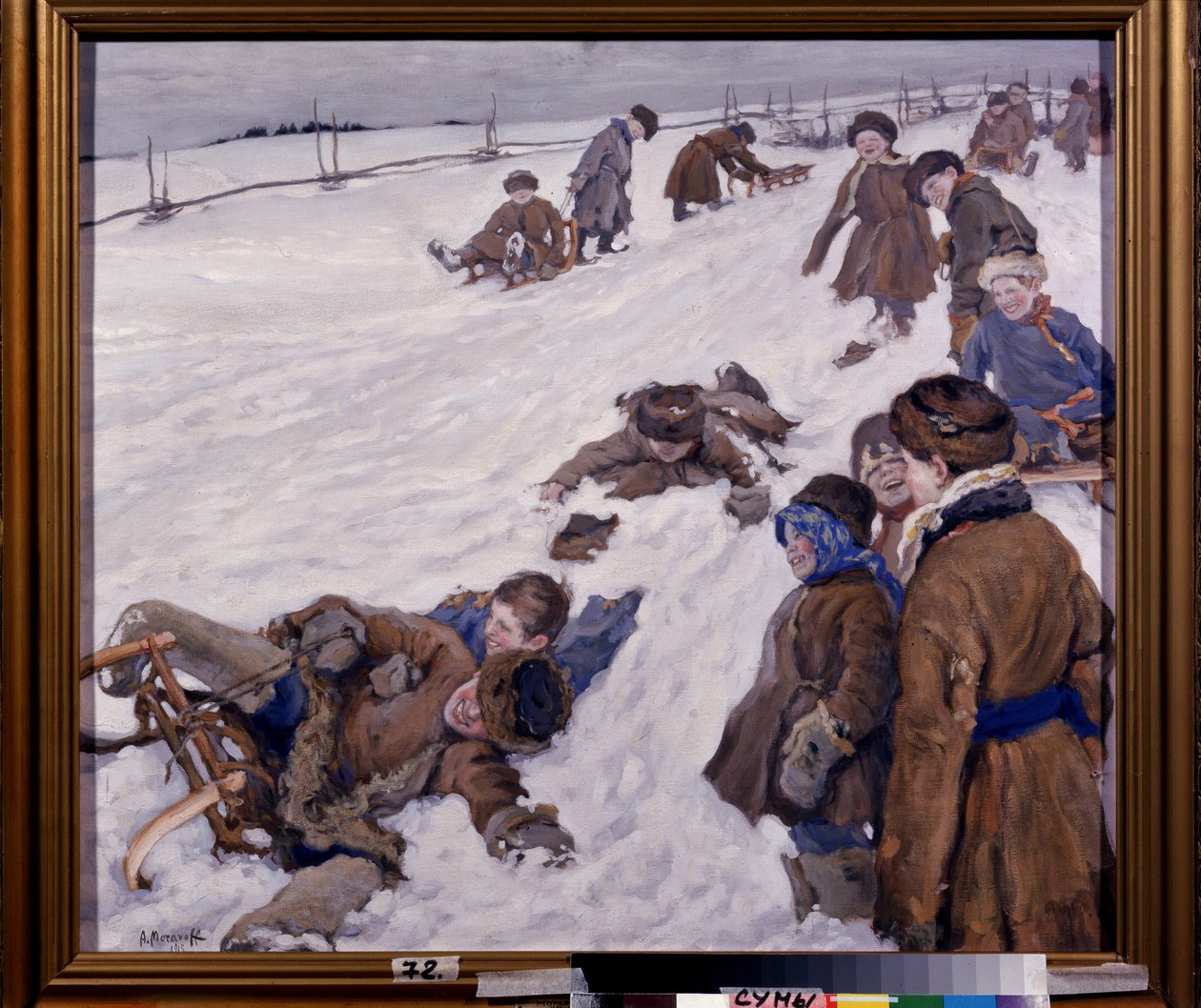 Kış Sporları (Kış Sporları). Karlı bir alanda kızak sahnesi, sıcak giyimli çocuklar eğleniyor ve yüksek sesle gülüyor. Alexander Viktorovich (Alexander Victor) Moravov'un (1878-1951) tablosu, tuval üzerine yağlı boya by Alexander Viktorovich Moravov