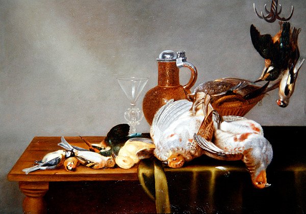 Keklikler ve Diğer Kuşlarla Bir Natürmort Ölü Oyun (panelde yağlı boya) by Alexander van Adriaenssen