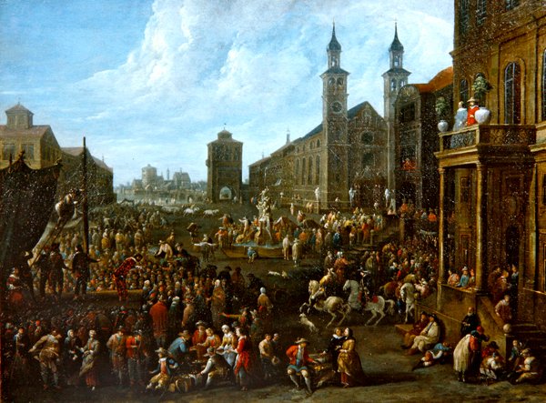 Sokak sanatçılarının ve diğer figürlerin olduğu bir pazar sahnesi (tuval üzerine yağlı boya) by Alexander van Bredael