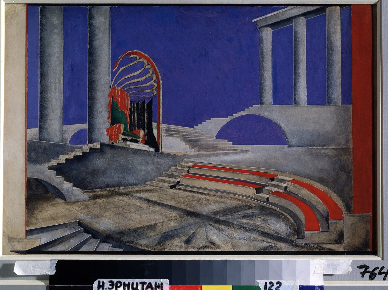 Edition Decors de Theatre için Sahne Tasarımı İncelemesi. Alexandra Alexandrovna Exter'in çalışması (1882-1949), kağıt üzerine suluboya ve guaj, 1920 ortası. Rus skenografi sanatı, 20. yüzyıl. ortak by Alexandra Alexandrowna Exter