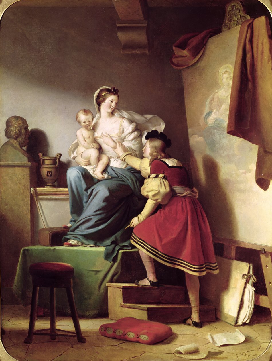 Raphael, Bakire ve Çocuk Resmi için Modelinin Pozunu Ayarlıyor by Alexandre Evariste Fragonard