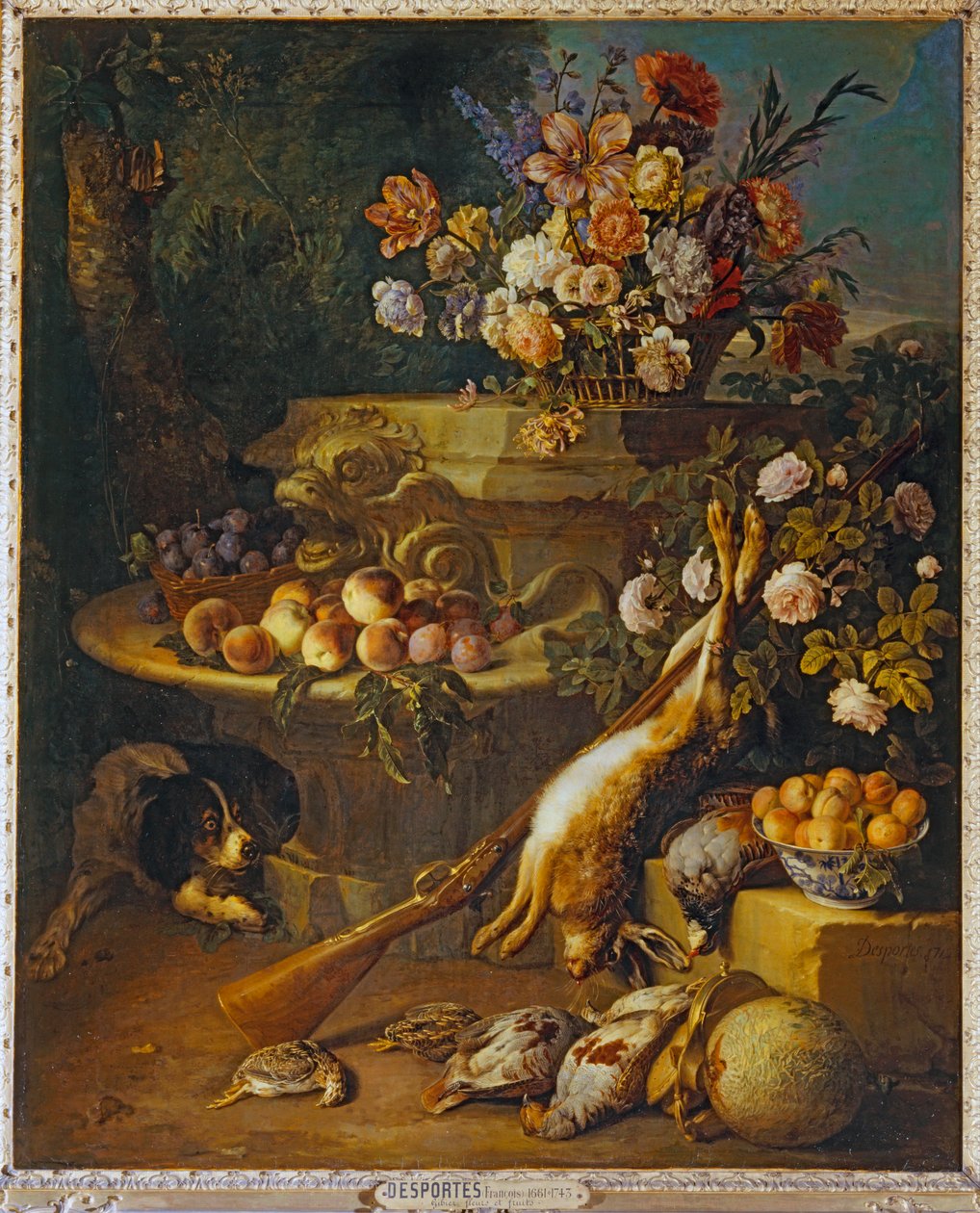 Gibier mort, fruits, fleurs et un chien - Ölü oyunu, meyveler, çiçekler ve bir köpek ... by Alexandre-François Desportes