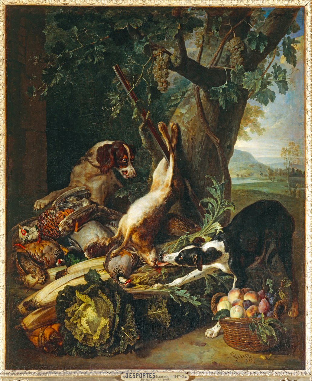 Gibier mort, legumes, fruits et deux chiens - Ölü av hayvanları, sebzeler, meyveler ve iki köpek ... by Alexandre-Francois Desportes