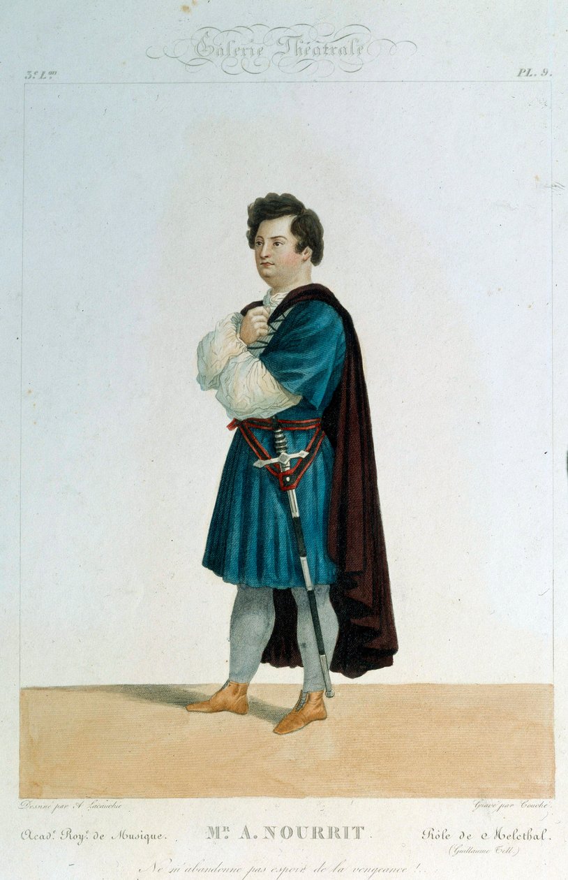Fransız tenor Adolphe Nourrit (1802-1839), Gioacchino Rossini'nin (1792-1868) “Guillaume Tell” (William Tell) operasında Melechtal rolünde. Alexandre Lacauchie (19. yüzyıl) Paris'in çizimi. Opera Müzesi Kütüphanesi by Alexandre (after) Lacauchie