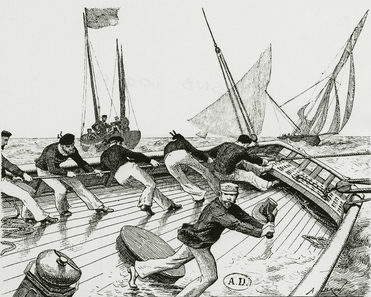 Yelken yarışı: Le turn du Bateau-Buoée - çizim A. Brun, Bibl. Sanat dekoru. by Alexandre Brun