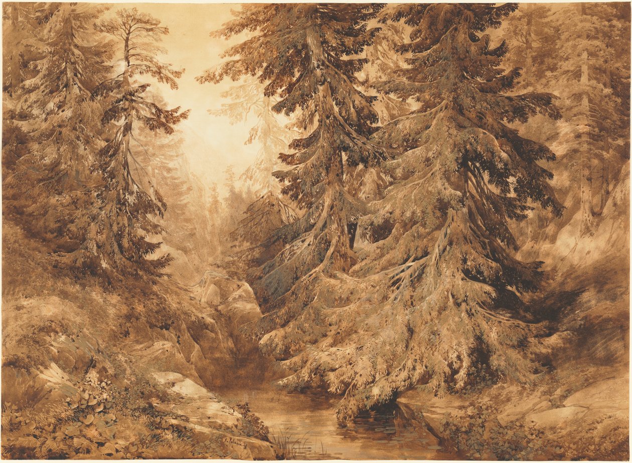 Dağ Çayı Olan Eski Bir Çam Ormanı by Alexandre Calame