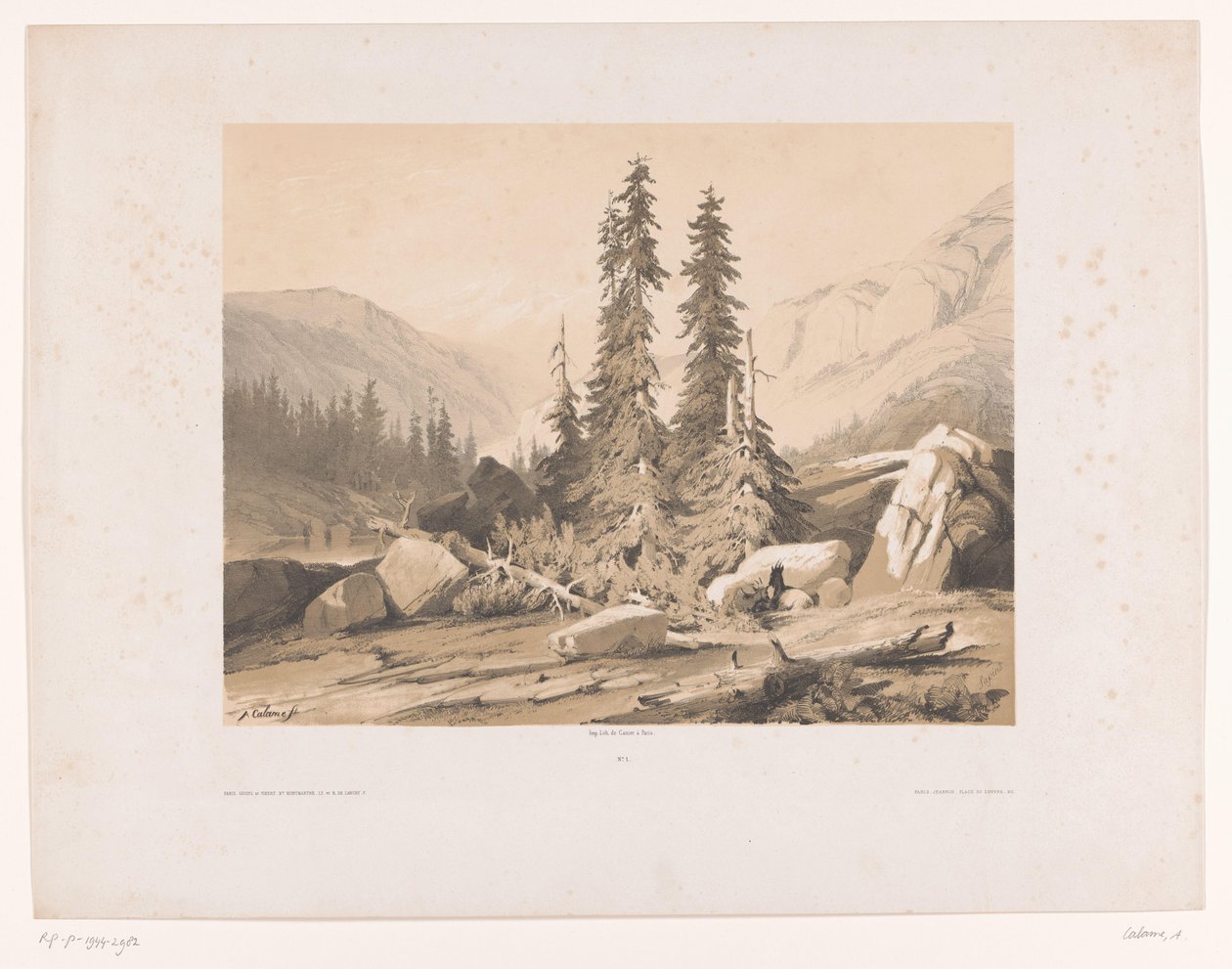 Köknarlar ve dağ keçileri Sapins ile dağ manzarası (nesnedeki başlık) by Alexandre Calame