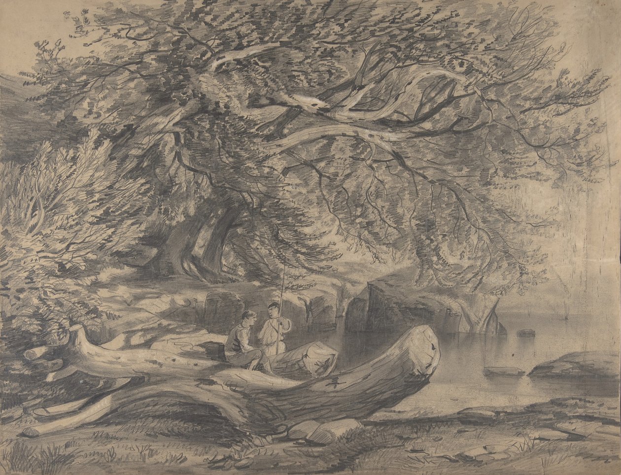 Bir Gölün Kenarında Dinlenen İki Adam..., 19. yüzyılın başlarından ortalarına. by Alexandre Calame