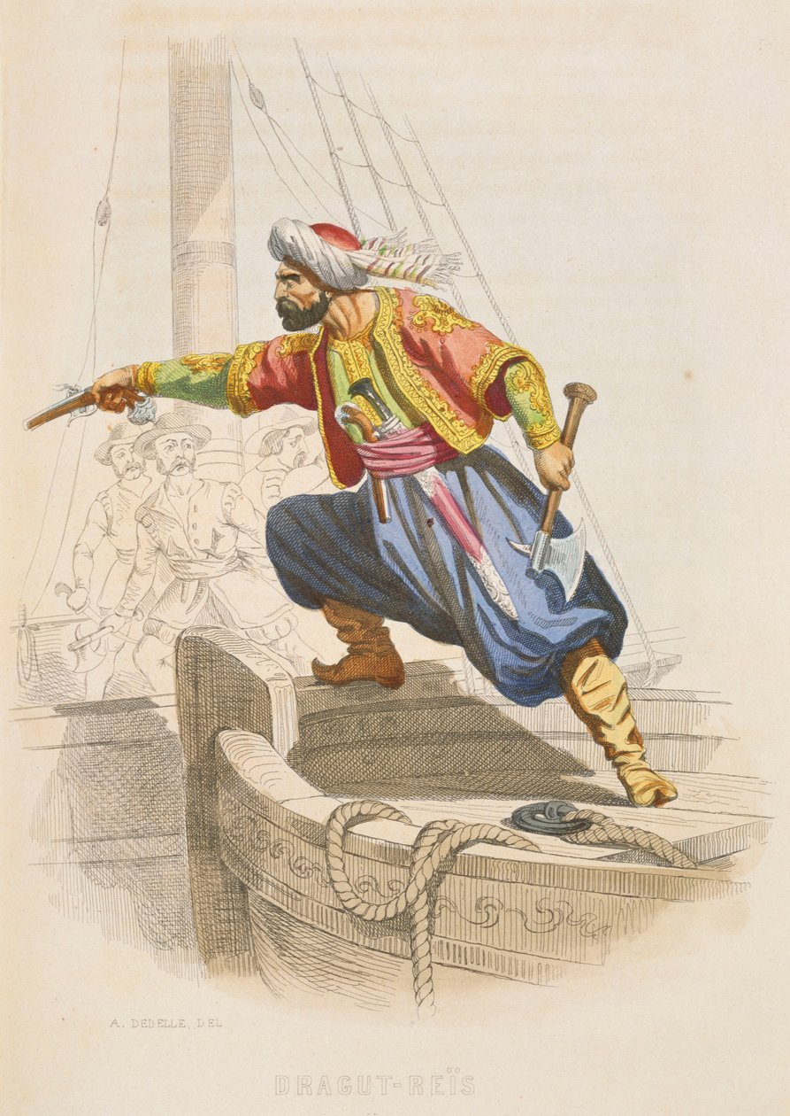 Ünlü Berberi korsan Dragut Reis, ganimet aramak için bir düşman gemisine çıkmaya hazırlanıyor, 19. yüzyıl ortaları (renkli gravür) by Alexandre Debelle
