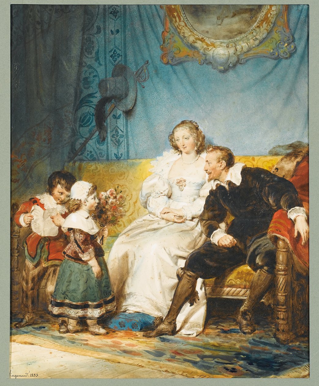 Rubens ve Hélène Fourment oturuyor, Frans elinde bir mektup tutuyor ve Isabelle Hélène onlara bir buket gül veriyor by Alexandre Evariste Fragonard