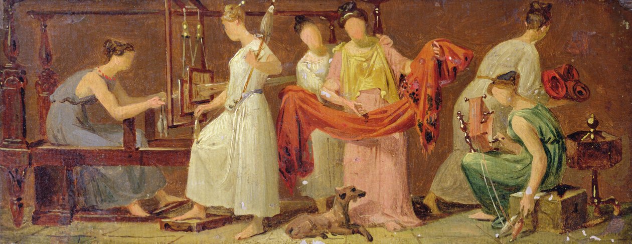 Bir İç Mekanda Dokuyan Altı Kadın (panel üzerine serilen kağıt üzerine yağlı boya) by Alexandre Evariste Fragonard
